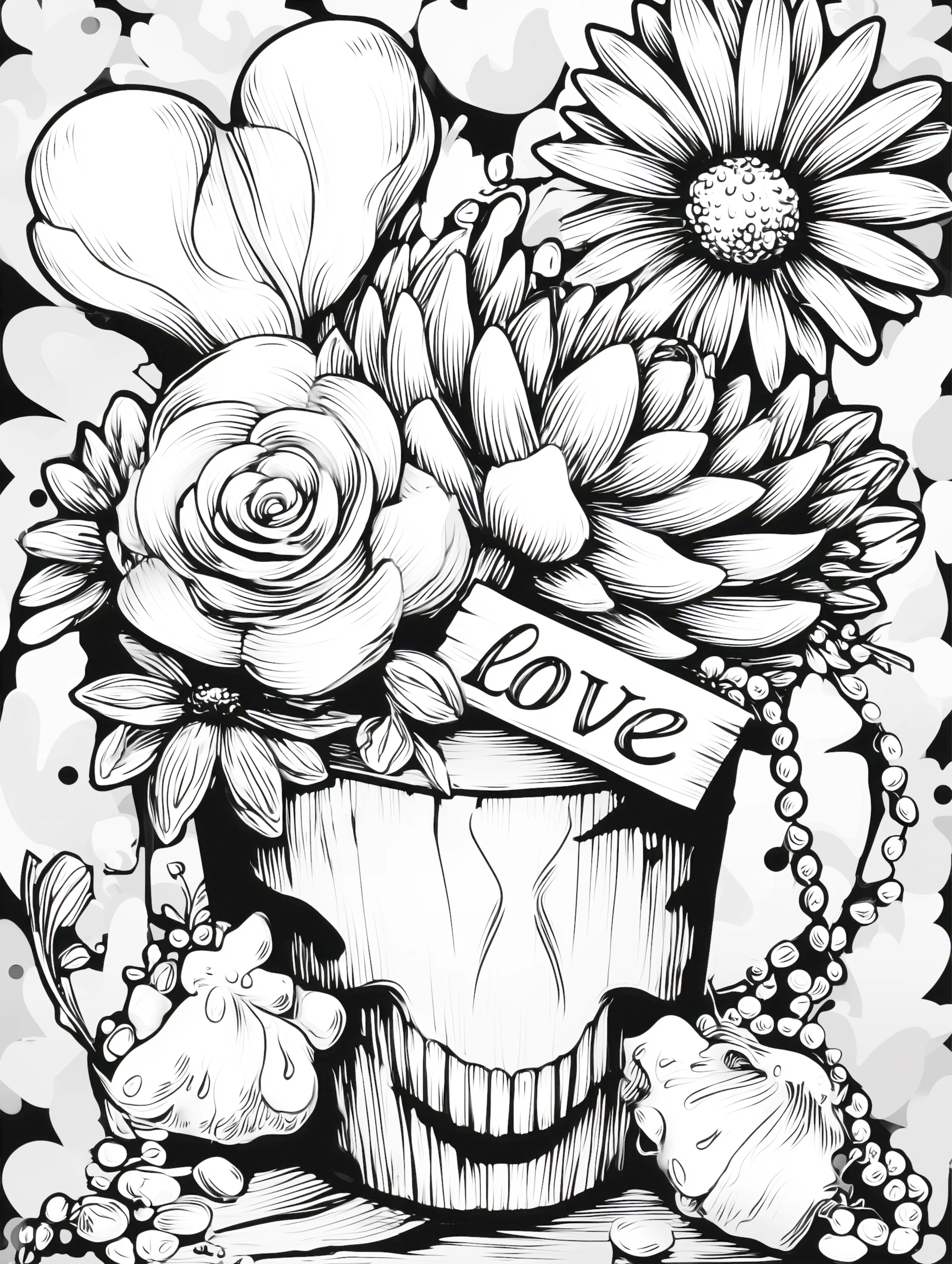 Free printable valentines coloring pages for adults featuring love and a bucket of flowers